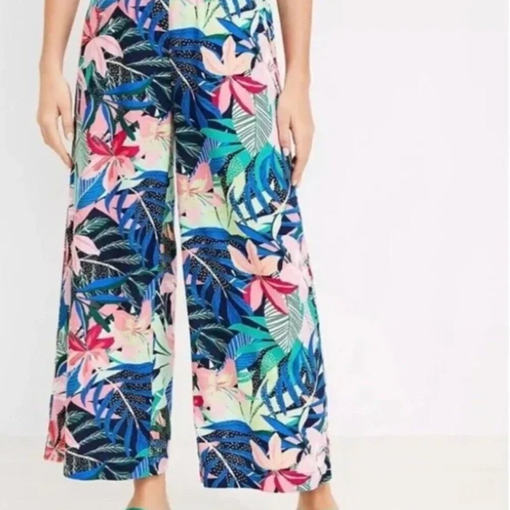 NWT LOFT Wide Leg Linen-Blend Tropical Palm Print Pull-On Crop Pant, Size M